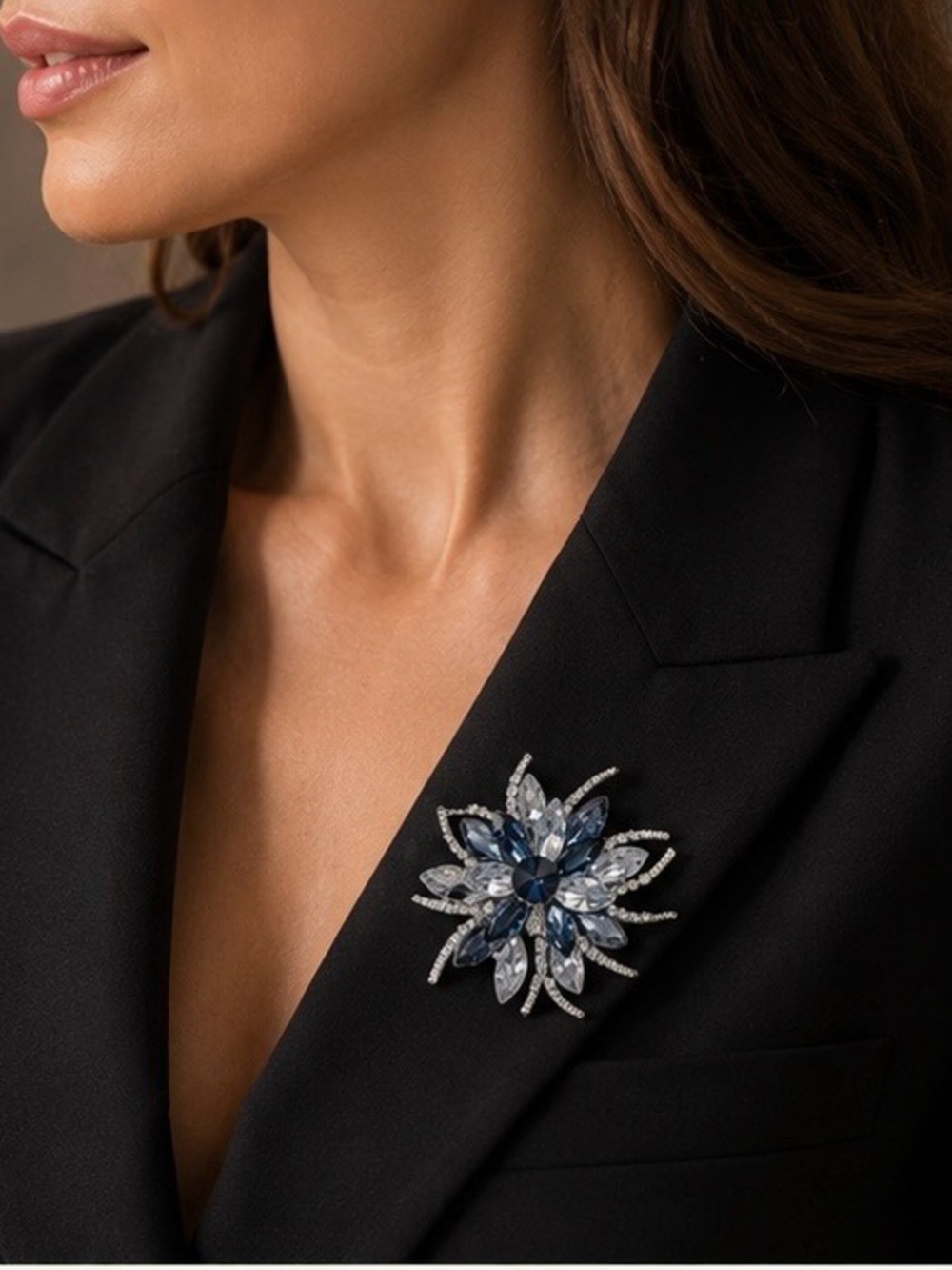 Elegant Blue Crystal Flower Brooch - Women's Jewelry